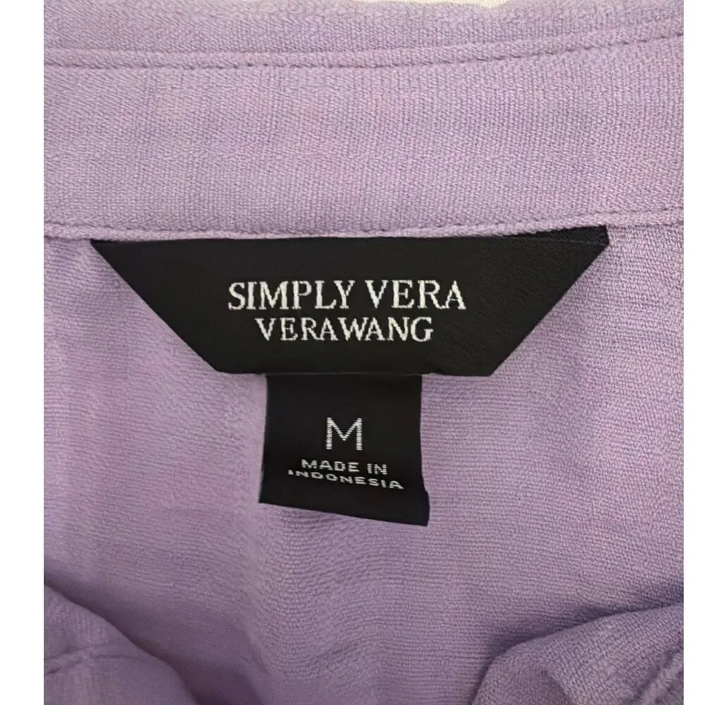 Simply Vera Vera Wang Lavender Medium Tie Front Button Up Blouse Roll Tab Sleeve - Picture 4 of 7